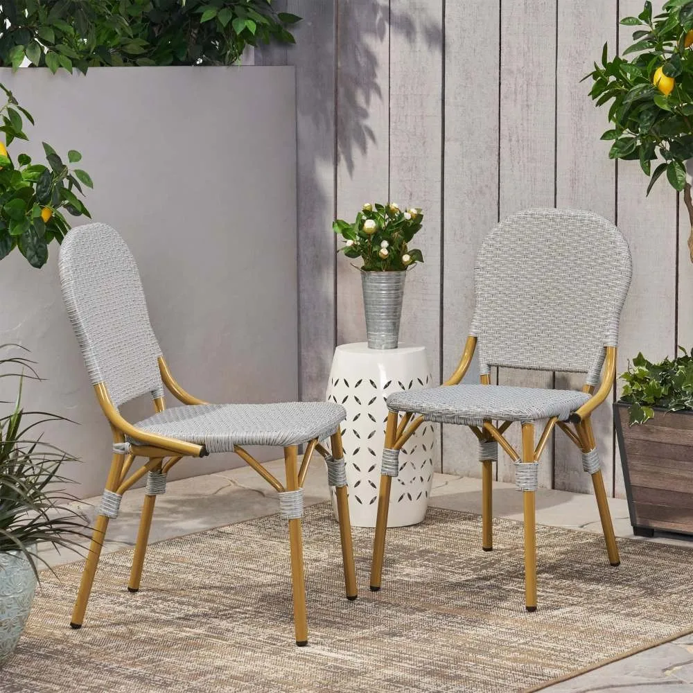 

Bistro Patio Chairs Set of 2 Gray Rattan Wicker Aluminum Frame Outdoor Cafe