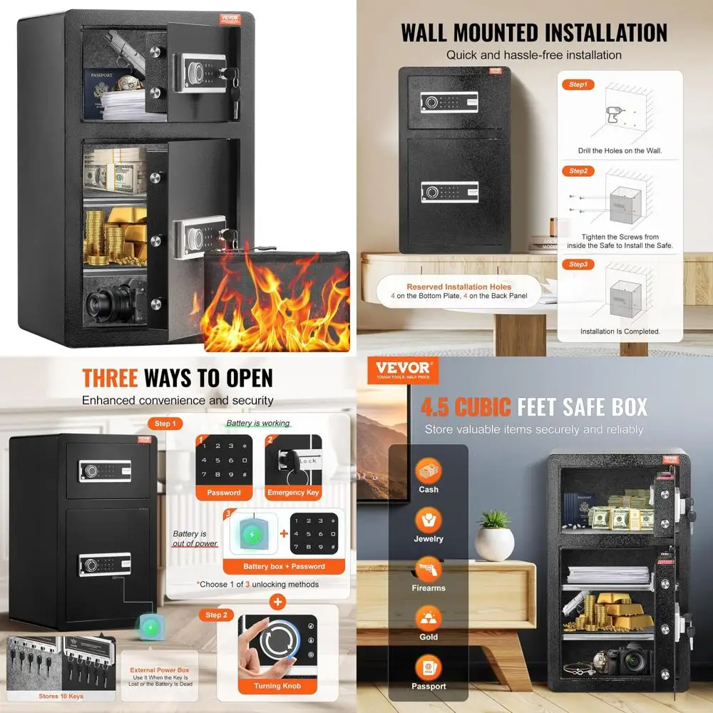 

Сейф для хранения ценностей объемом 4,5 куб. футов с ключевым замком, кодовым замком, огнестойким чехлом, держателем для ключей, светодиодной подсветкой и регулируемыми разделителями для денег и ценных вещей.