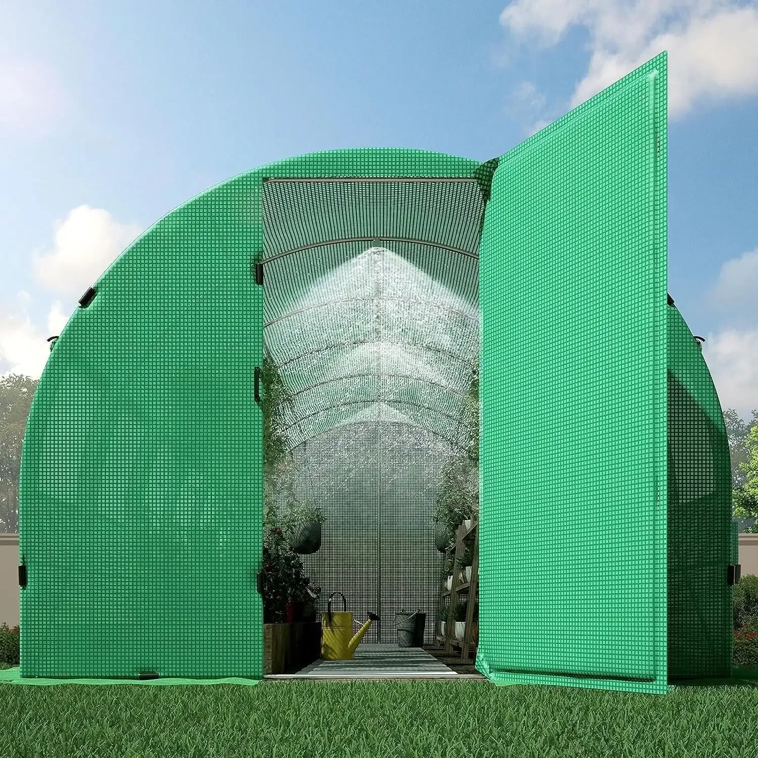 

20'x10'x7 Tunnel Greenhouse with Smart Watering, Lockable Swing Door, 12 Mesh Windows, PE Cover & Steel Frame for Outdoor Plants