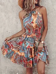 Plus Size 2024 Fashion Casual Vacation Women's Dress Elegant Sexy Off the Shoulder Halter Strap High Waist A-line Mini Dress