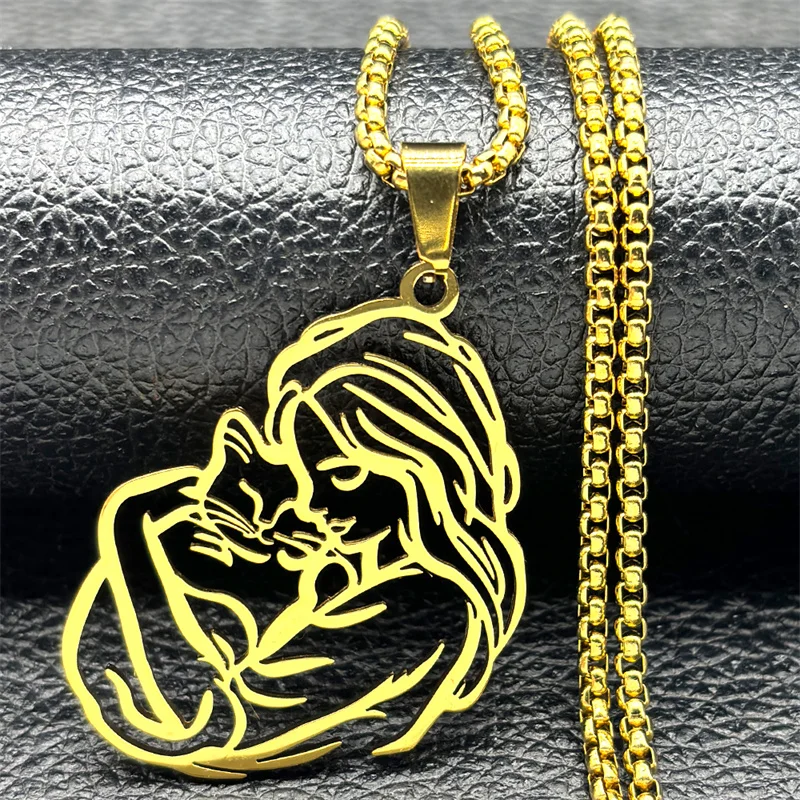 Women Hug Cat Pendant Necklace For Men Stainless Steel Gold Silver Color Hollow Kitty Female Love Pet Peace Chain Jewelry