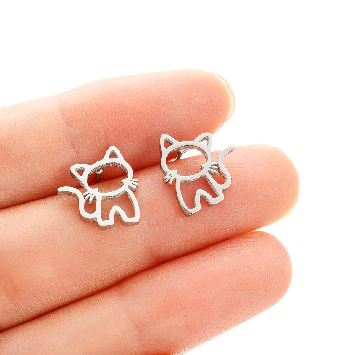 3Pcs/Lot Silver Color Stainless Steel Studs Earrings with Cubic Zirconia Woman Accesories Cute Anime Cats Gifts for New Year Mom