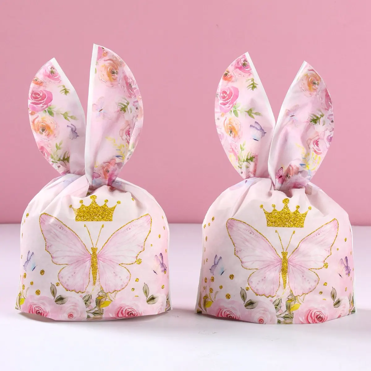 50pcs Rabbit Ear Bags Plastic Cookie Candy Bags Butterfly Birthday Party Baking Snack Packing Supplies Kids Gifts Boy Girl