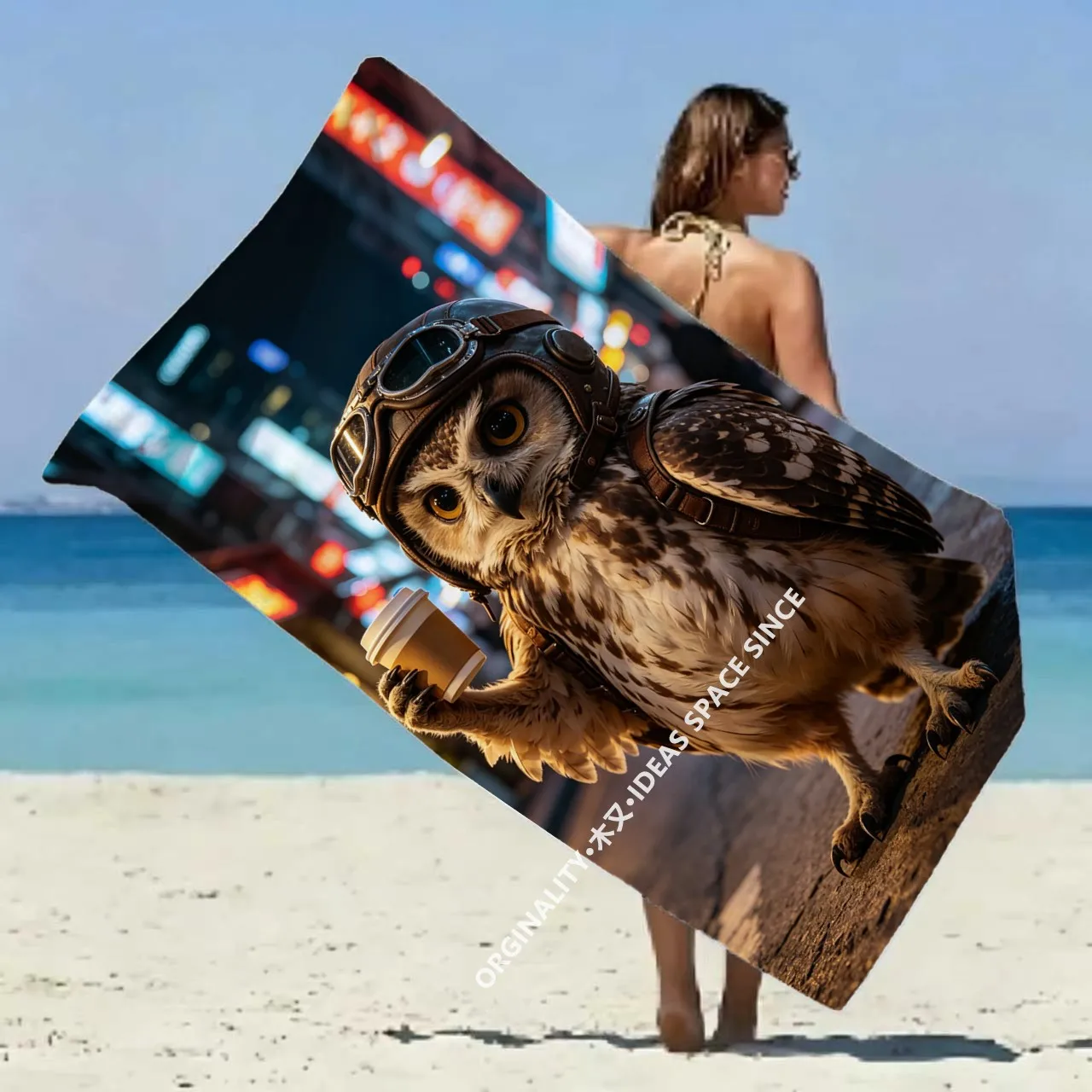 Owl Drinking Coffee Pattern Beach Towel, Sun Protection, Windproof, Suitable For Swimming Pools, Camping, And Travel.