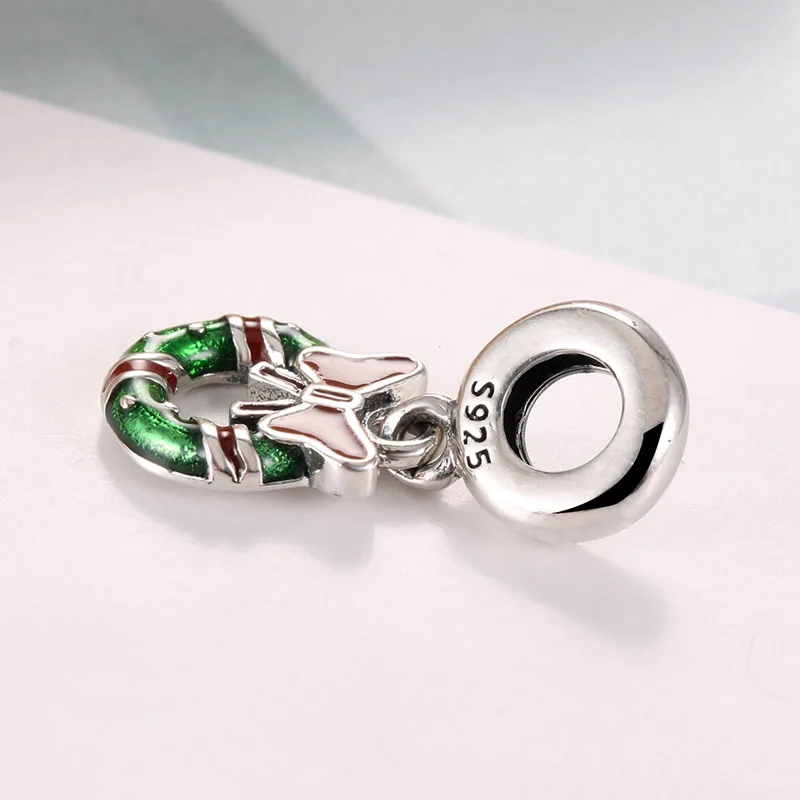 Authentic S925 Sterling Silver Bow Wreath Dangle Charm Berry Red & Green Enamel Bead Fit Women Bracelet Bangle DIY Jewelry