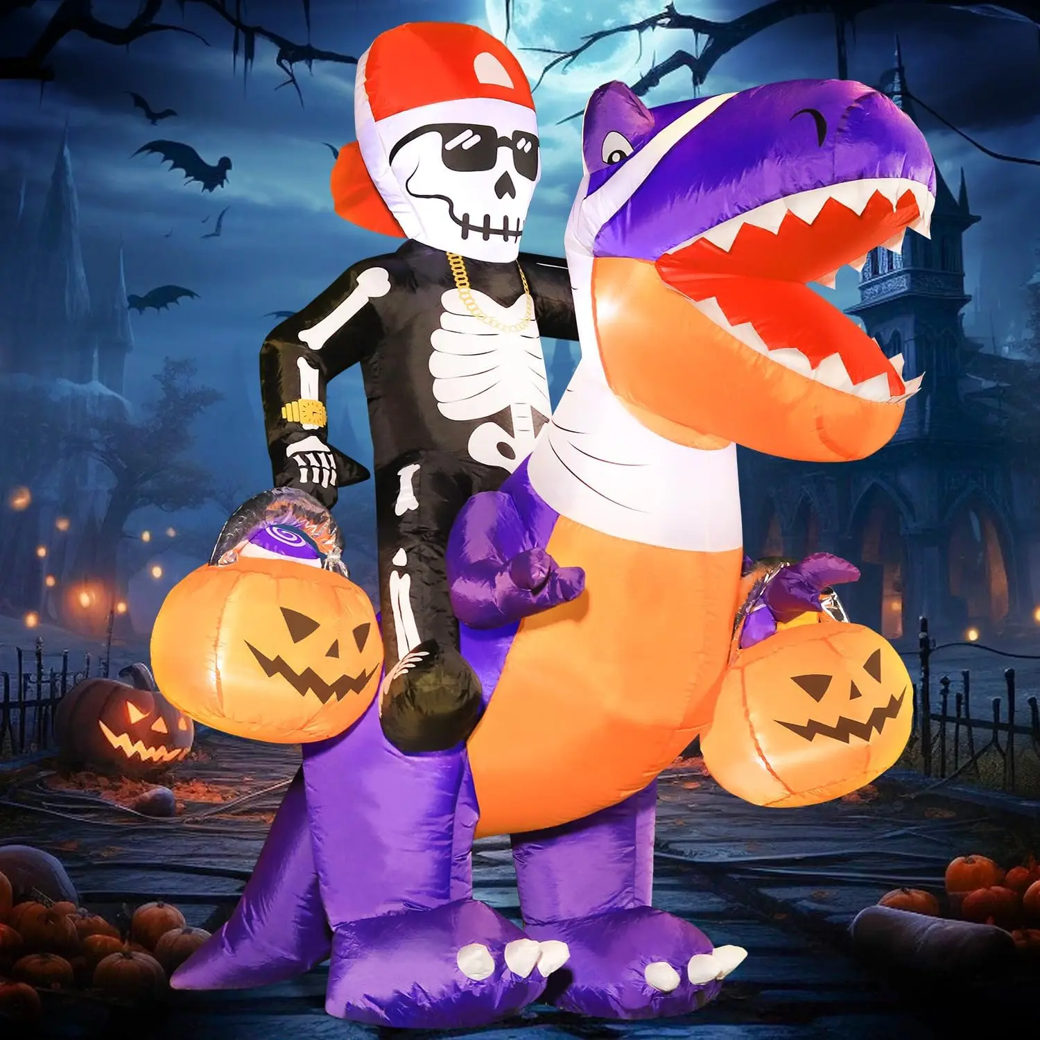 6FT Halloween Inflatable Skeleton with Sunglasses And Red Cap Riding a Purple Dinosaur Outdoor Yard Decor for Home Garden
