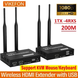 1080P 200M Wireless HDMI Extender 1TX to 4RX Video Transmitter Receiver with IR KVM for Laptop PC to TV Monitor Projector