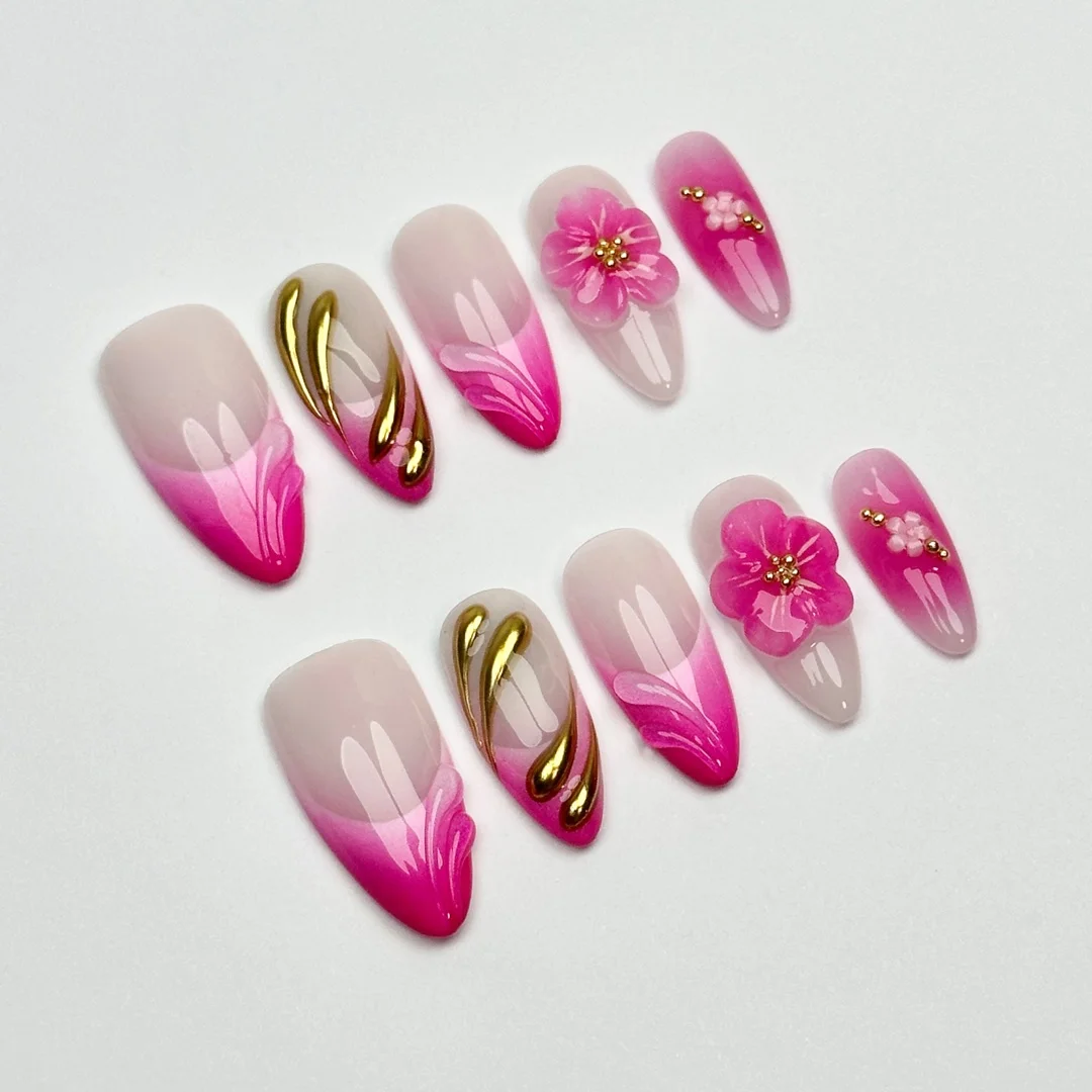 New Pink Engraved Design Style Nail Press on Nails 3D Relief Series Personalized Design Style Fake Nails