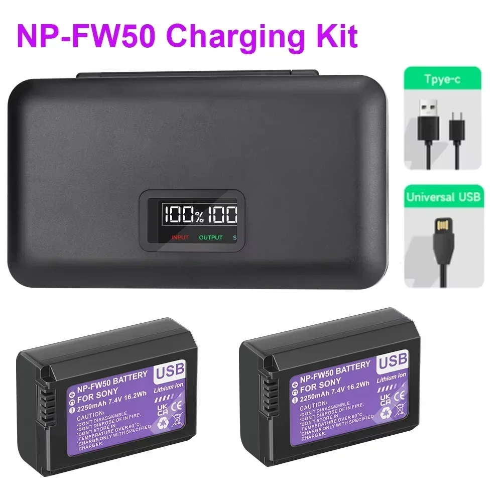 NP-FW50 NP FW50 USB Battery + LCD Charger Box for Sony Alpha A6500 A6300 A6000 A5000 A3000 A7 A7M2 A7R 7SM2 7M2 ZV-E10 E10L