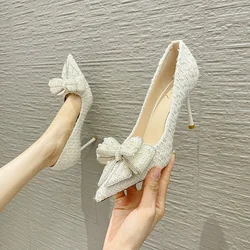 Luxury Pearl Crystal Bowtie White Wedding Shoes Women 2024 Spring Brand Designer High Heels Pumps Woman Thin Heeled Party Shoes