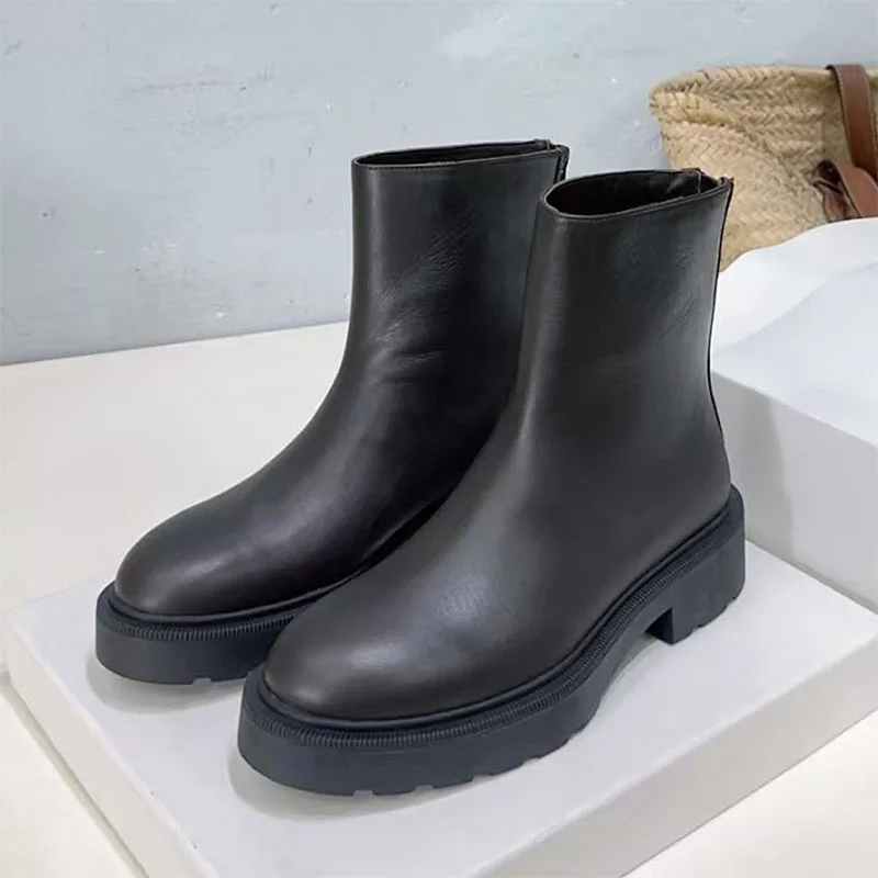 

Классические короткие ботинки из натуральной кожи на толстой подошве, женские современные туфли с круглым носком и квадратным каблуком на молнии, женские качественные ботильоны