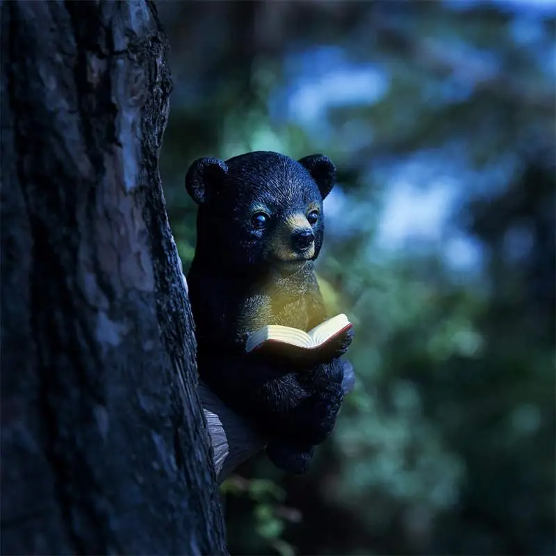 Solar Charging Bear Sculpture Light Control Baby Bear Reading Book Garden Statue Yard Art Sculpture Garden Tree Decor