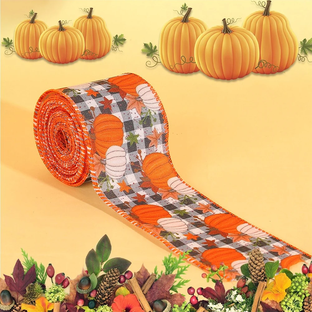 180IN 5Yards Thanksgiving Day Grosgrain/Satin Ribbon Printed Ribbon Autumn Harvest Overlock Ribbon Pumpkin DIY Craft Decoration