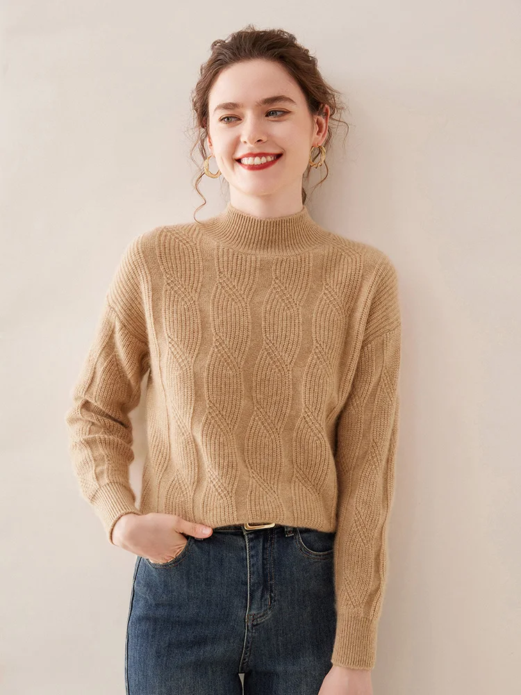 High Quality 100% Cashmere Knitwear Women Thick Winter Pullover Sweater Twist Flower Mock Neck Solid Casual Basic Clothing Tops