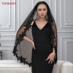 TOPQUEEN Bridal Pearl Veil Black Lace Edge Handmade 1 Layer Veil  Vintage Wedding Veil With Comb V82
