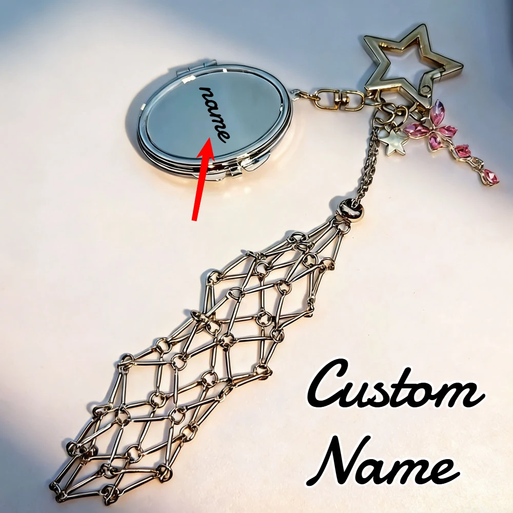 Custom Lipstick Bag Pink Butterfly Accessories Keyring Makeup Mirror Key Chain Ring Y2K Lip Balm Metal Net Pocket Keychain Gift