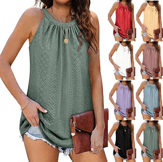 

Women's Fashion T-Shirt Loose Fit High Collar Sleeveless Vest Hollow Out Neck Hanging Tank Tops Solid Color Pullover Tunic