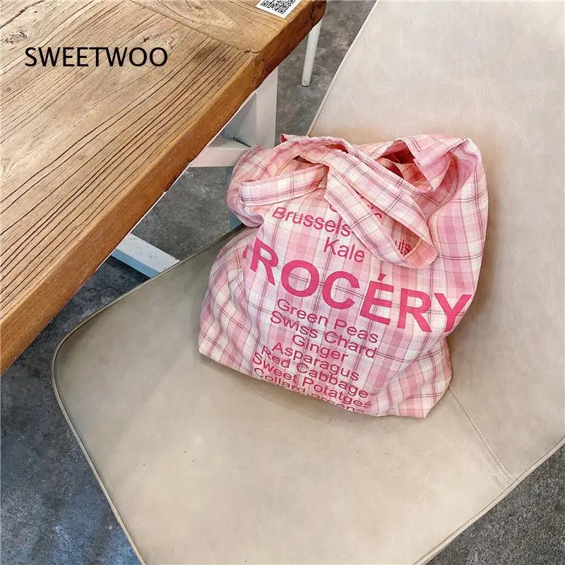 Pastel Purple Pink Gingham Letter Print Drawstring Tote Bag Lightweight Cotton Fabric Teen Girls Ins Daily Shopping Shoulder Bag