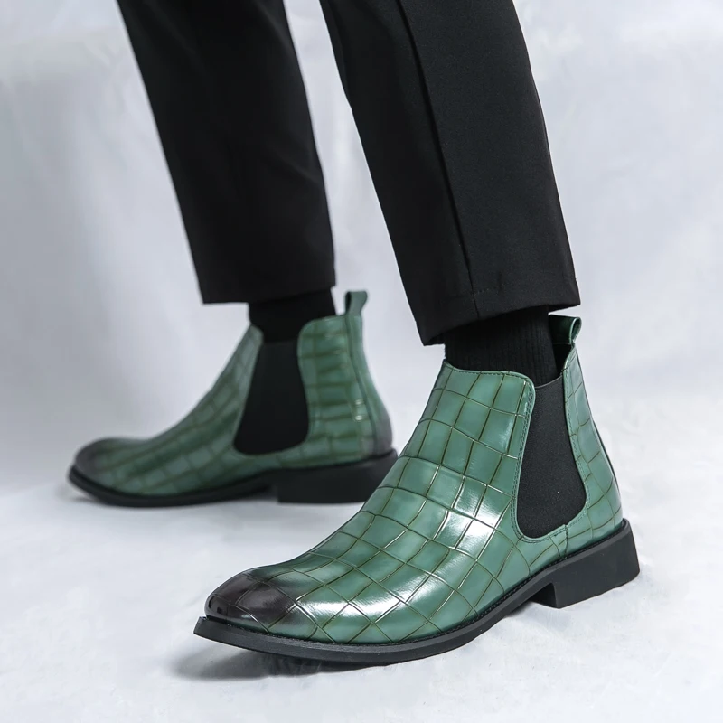 Winter Hot Selling Men's Chelsea Boots Luxury Brand Men’s Pointed Toe Shoes for Wedding Business Formal Short Boots Green Trend