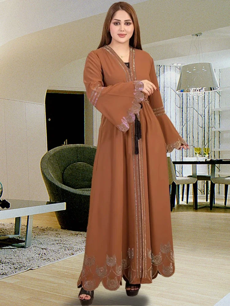 Eid Muslim Party Dress for Women Diamond Flare Sleeve Ramadan Abaya Belt Morocco Kaftan Vestidos Largos Dubai Robe Jalabiya 2024