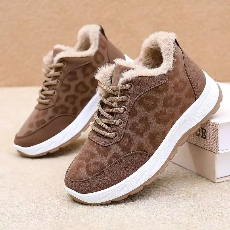 Women Leopard Print Ankle Lace Up Snow Boots Winter New Thick Sole Round Toe Thicken Plush Warm Fashion Flat Sole Cotton Shoes