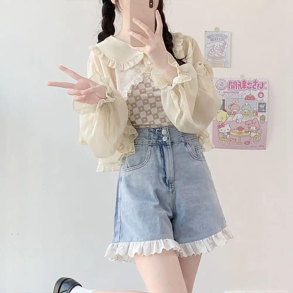 Solid Color Immortal Qi Summer Women Cardigan 2024 New Thin Style Lolita Patchwork Lace Doll Collar Long Sleeved All-match Tops
