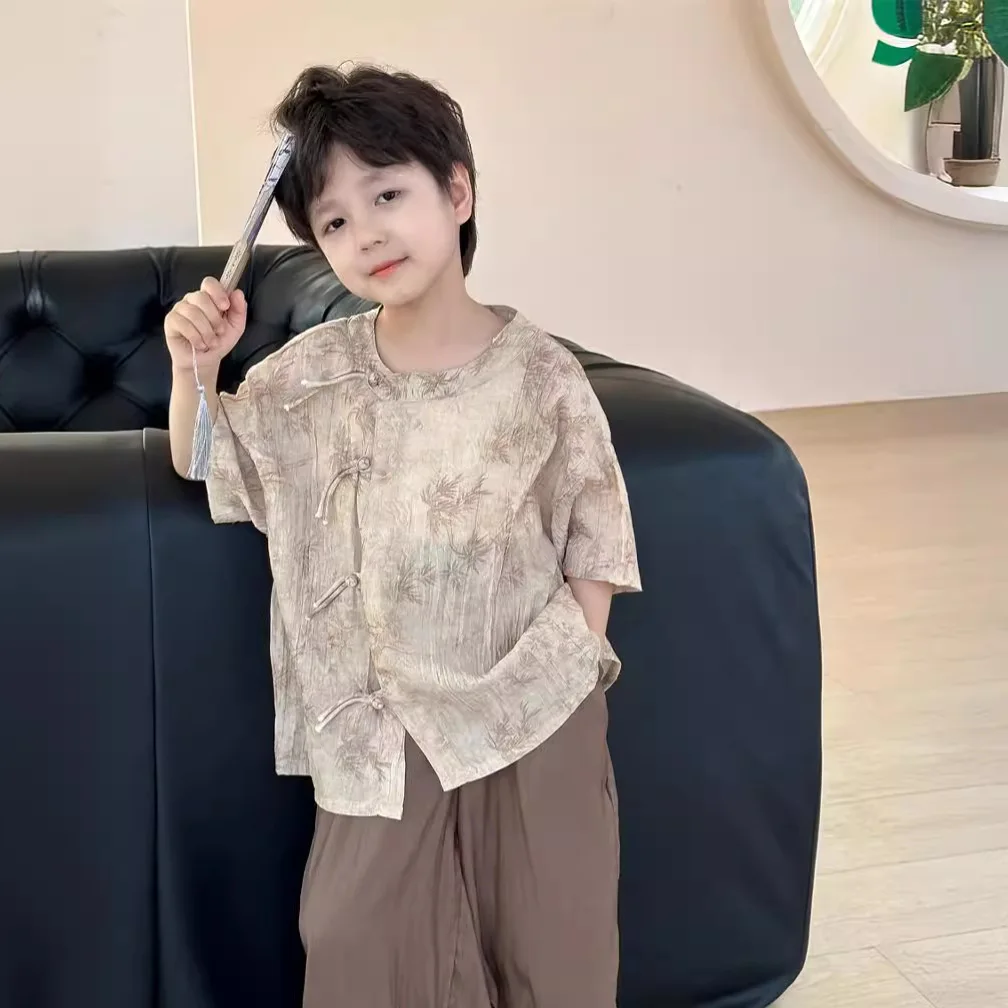 

Boy Clothes Suit Children National Style Set 2024 Baby Summer Casual Short-sleeved Children Handsome Comfortable 2- Piece Set