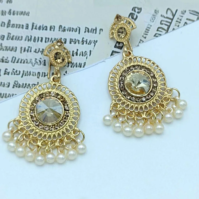 Ethnic Middle Eastern Fashion Indian Earrings Retro Imitation Large Gemstones Tassel Bells Earrings for Women Jhumka Jewelry