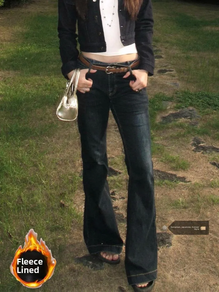 슬림핏 기모 안감 스트레이트 레그 청바지 여성용 가을 겨울 로우 웨이스트 벨보텀 한국 스타일 플러스 사이즈 블루