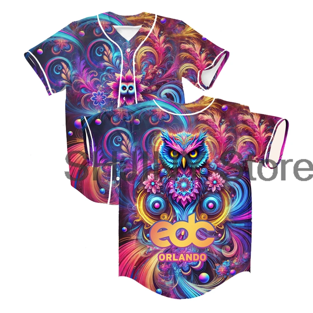 Edc Orlando Trippy Owl Rave Baseball Jersey For Edm Festival Short Sleeve Button-up Shirts Women Men Streetwear Tops