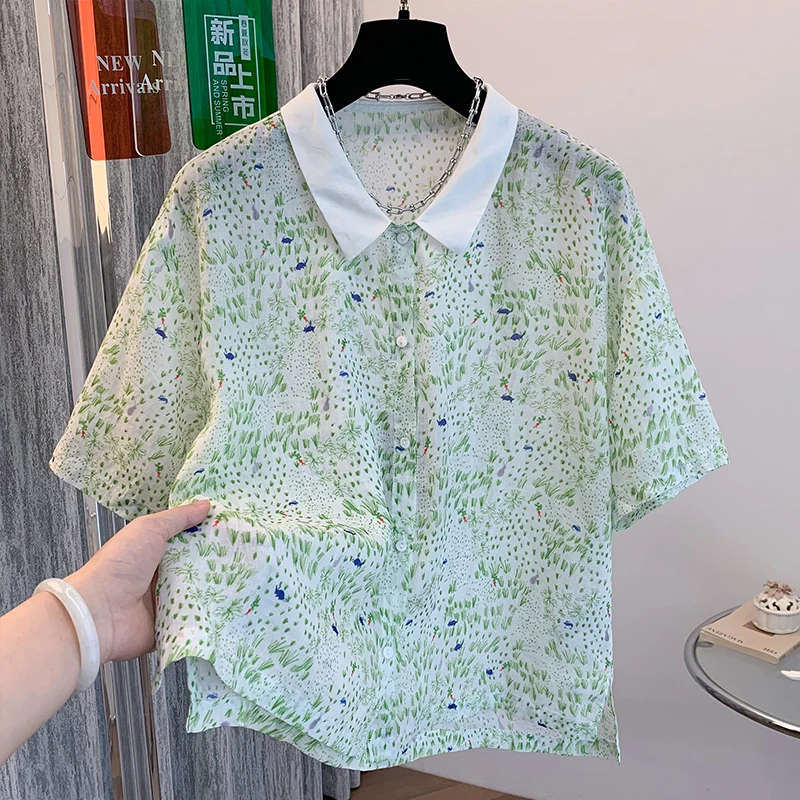 

Japanese Style Artistic Cotton Linen Light Ramie Rabbit Printing Lapel Short-sleeved Shirt Tops Women Blouse