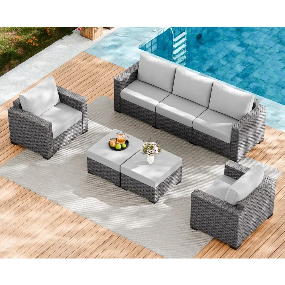 

Outdoor Patio Furniture Set with Sofa Chairs Ottomans Cushions,7 Pieces 7 Seat Gray Wicker Conversation Set