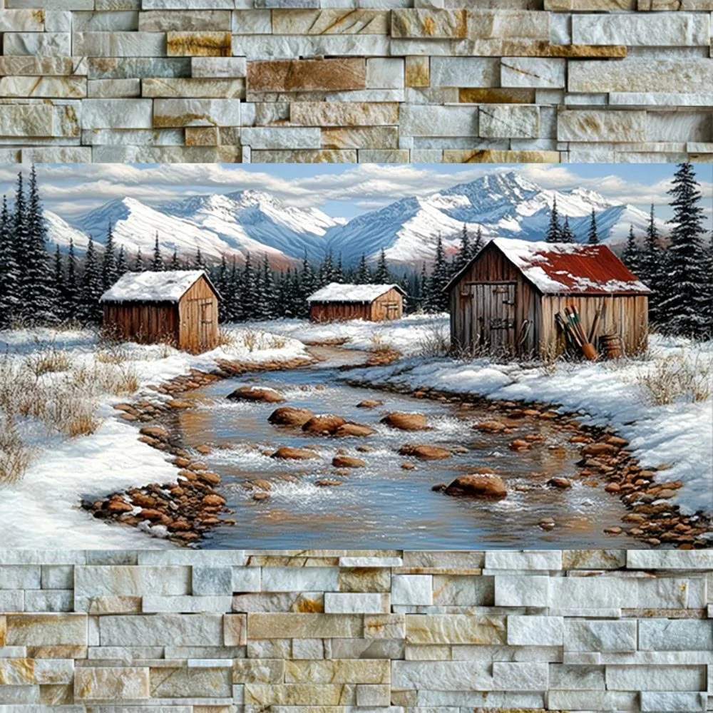 Snow Mountain Wooden House Stream DIY Diamond Embroidery Kit,Full Square Round Diamond Painting, Diamond Art Home Decor