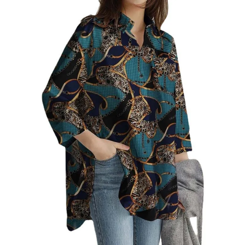 Lente Nieuwe Plus Size Dames Casual Shirt 7XL 6XL 5XL Mode Revers Gedrukt Lange Mouw Zak Losse Top