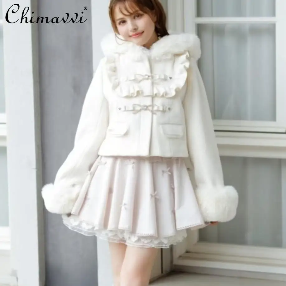 

Japanese Liz Mine Mass-produced Plush Hooded Detachable Cuffs Woolen Jacket Winter New Lolita Sweet Girl Women Short Coats