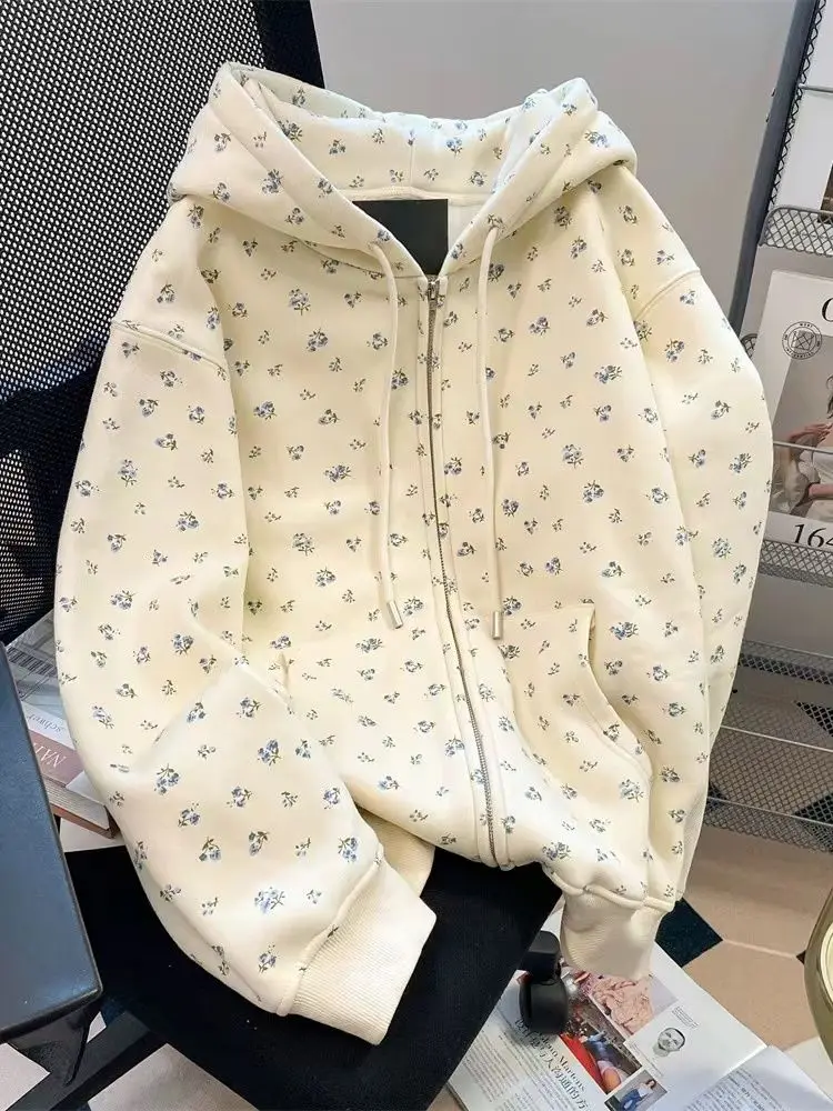 

Sweet Floral Print Hooded Open Cardigan Sweatirt Men's Spring Autumn Oversize Loose Fufu Fce Jaet Cotton 00% Long Sve