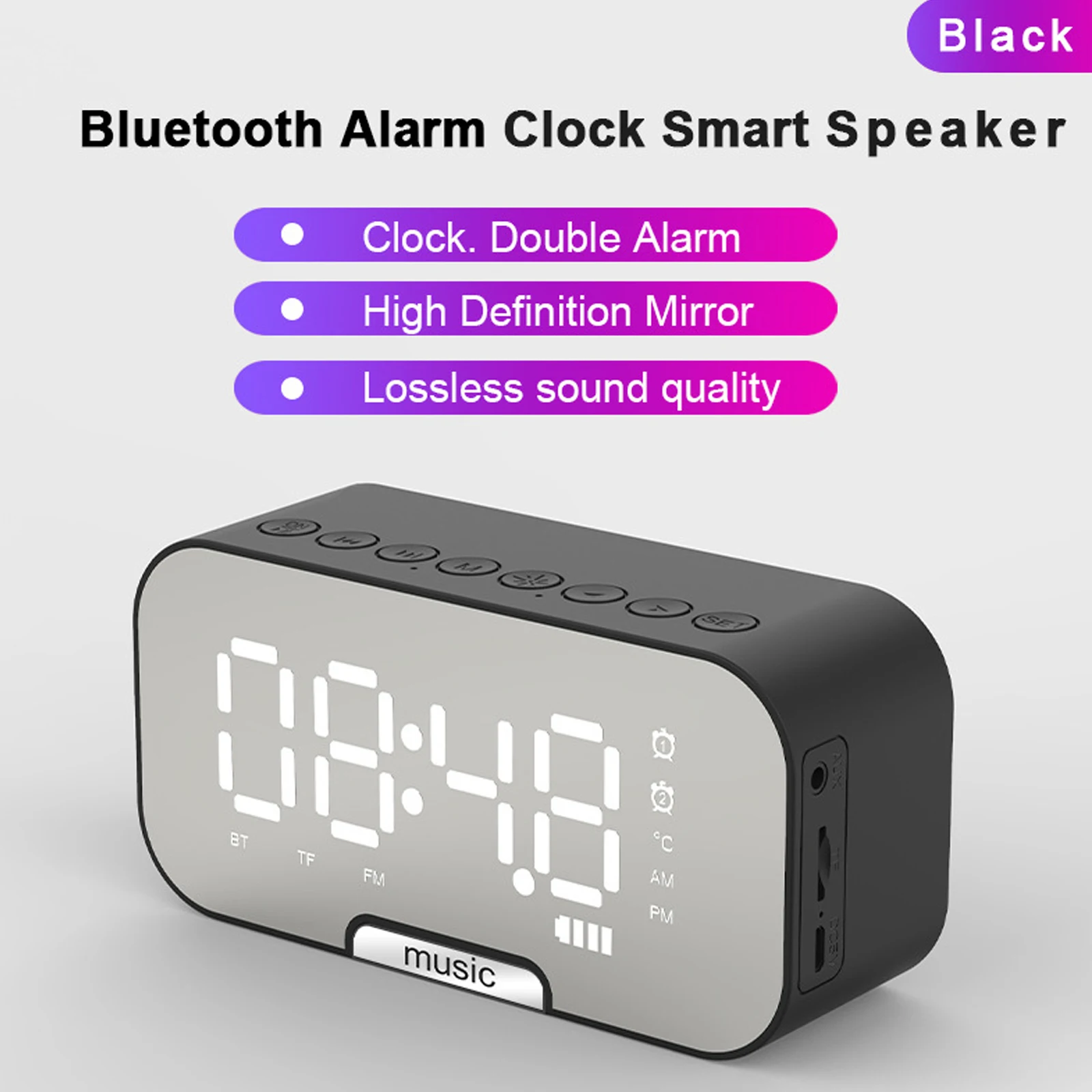 

Speaker Clock Digital Alarm Wireless Large Screen HD Display Stereo Bass Homer Decor Bedroom Office School