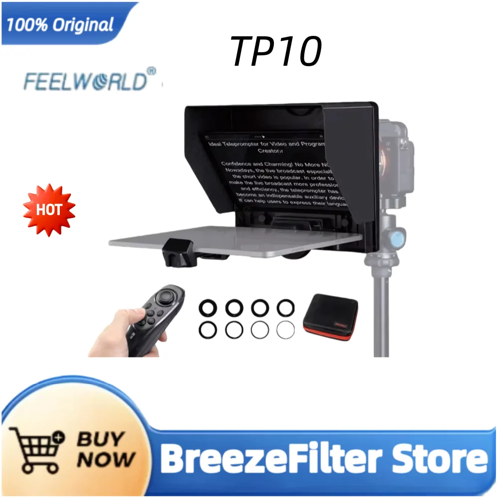 Feelworld TP10 Portable 10 Inch Folding Teleprompter Up 11" Phone Tablet Prompter with Remote Control For Phone DSLR Shooting