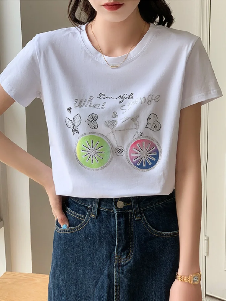 TuangBiang 2023 Summer Rhinestones Love Bike Cotton Purple T-Shirt Women O-Neck Loose Blue Tee Shirt Female Diamond Fashion Tops