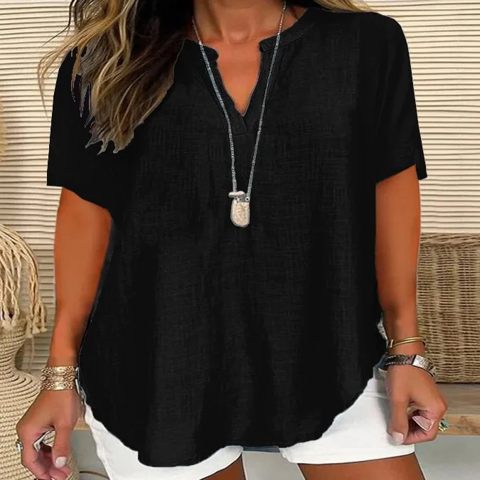 

Comfortable V-Ne Loosefitting Cotton Linen irt Women's Casual Faion Summer ort Sve Pure Color Versatile Sle