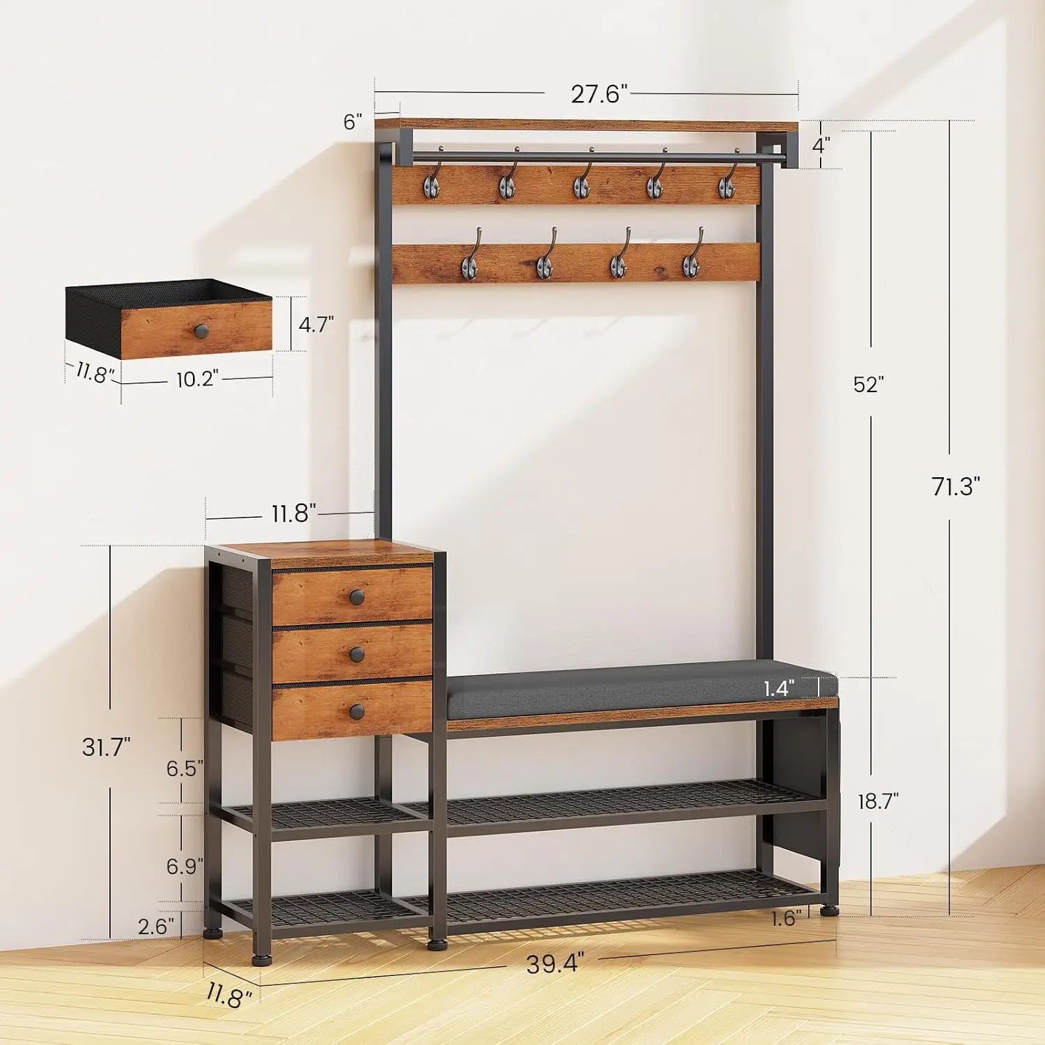 7-in-1 Hall Tree with Bench, Shoe Storage, Soft Cushion, Storage Bag & 3 Fabric Drawers, Rustic Brown, Customized