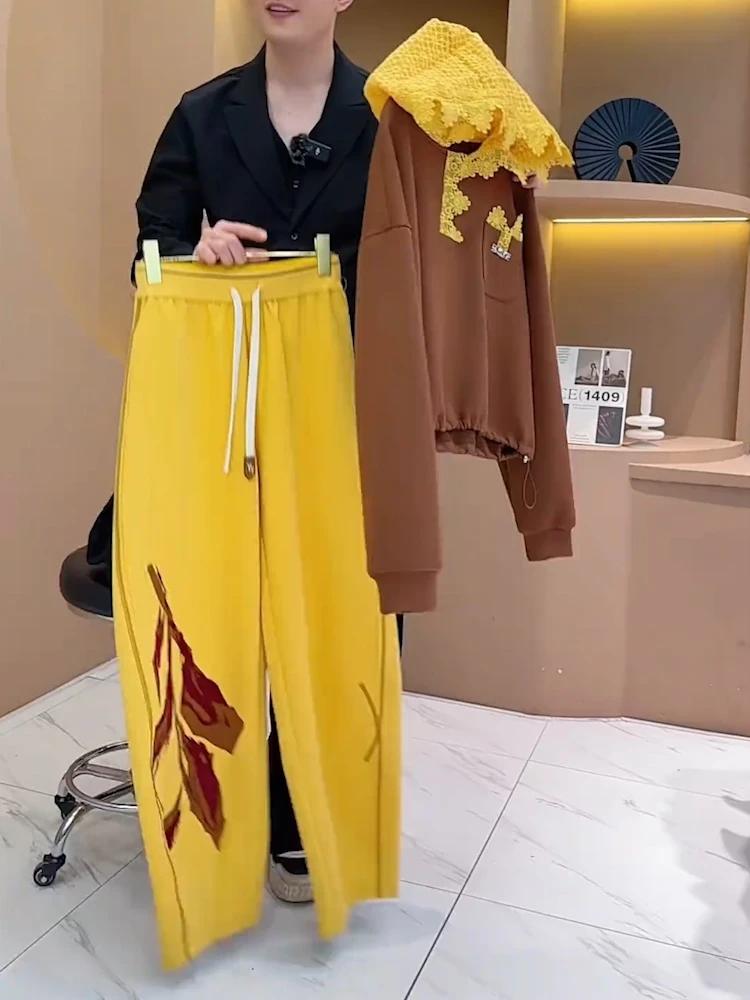 

Anti-Aging Winter Fashion Set Women's Hoodie Sweatshirt And Wide Leg Pants Yellow Slimming Two Piece Set Casual Sportswear