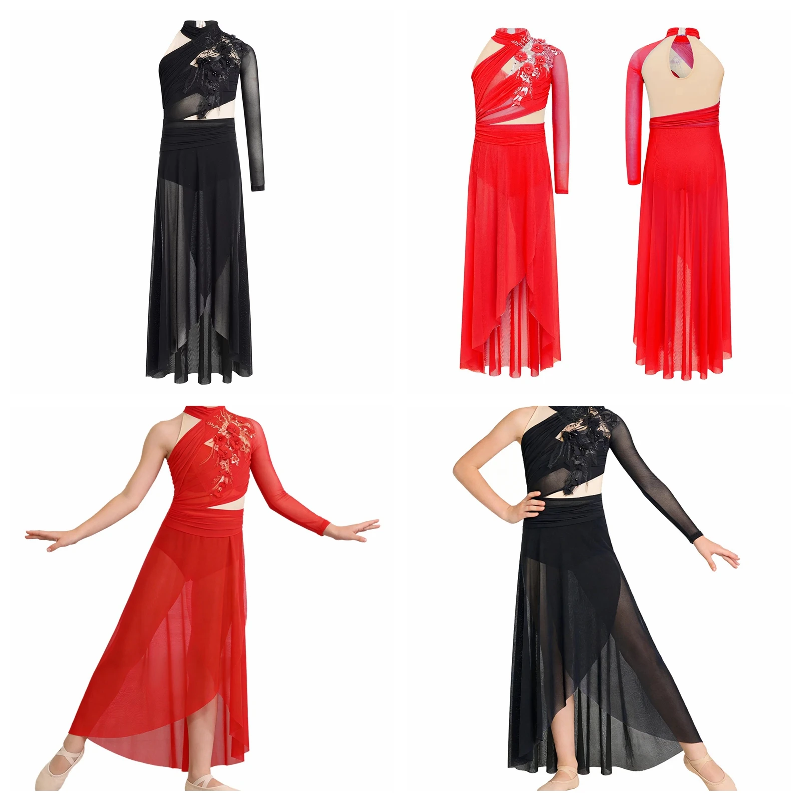 Vestido de patinaje artístico con malla y abertura lateral para niñas, traje de ballet y danza lírica, elegante vestuario de danza contemporánea y moderna