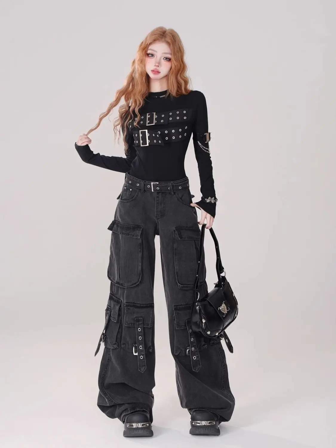 Y2K Black Cargo Pants for Women Straight Leg Jean Edgy Style Pocket Trousers Streetwear 2000s Aesthetic Grunge Pants Pantalones