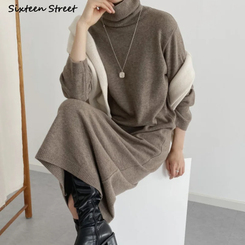 Apricot Turtleneck Sweater Dress Women 2023 Winter Oversized Vintage Elegant Woolen Dresses Women Clothing Autumn Chic Knitwear