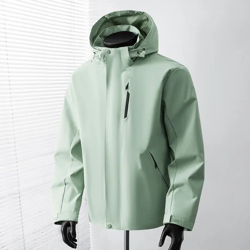 Men Hooded Outdoor Jacket Waterproof Windproof Lightweight Hiking Camping Windbreaker Casual Single Layer Coat Mint Green