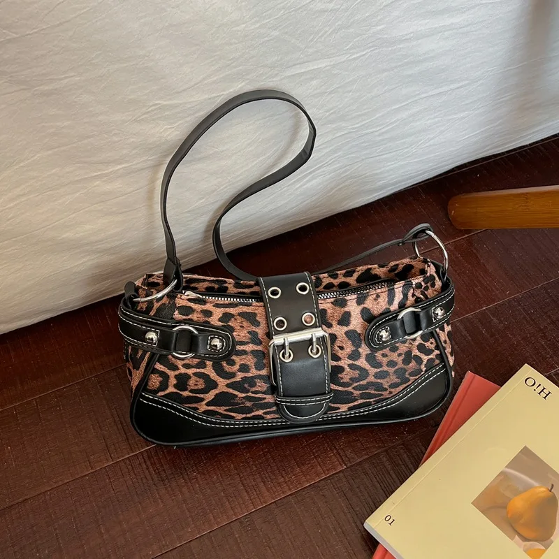 

Vintage Leopard Belt Shoulder Bags for Women Versatile Y2k Cool Hot Girls Underarm Bag Thread Design Ladies Phone Handbags