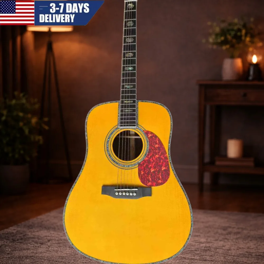 

41-дюймовая желтая акустическая гитара D-Acoustic с 45-тонным эбеновым грифом, 20 ладами, костяным нутом, задней декой из палисандра, 6-струнная, для студии звукозаписи