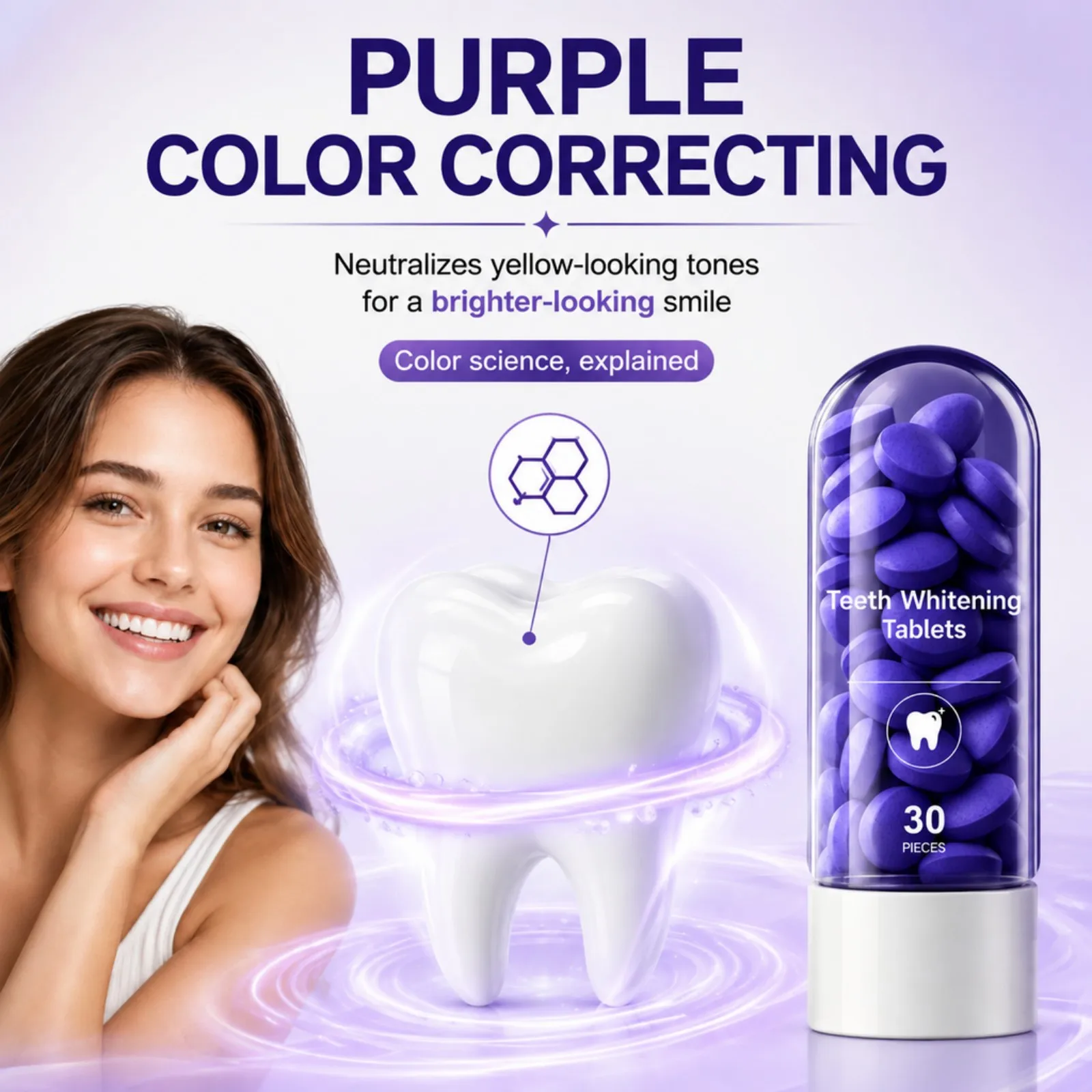 Purple Teeth Brightening Tablets Gentle Daily Cleaning Portable Toothpaste Tablets Fresh Breath Mint Flavor Travel Safe 30 Count