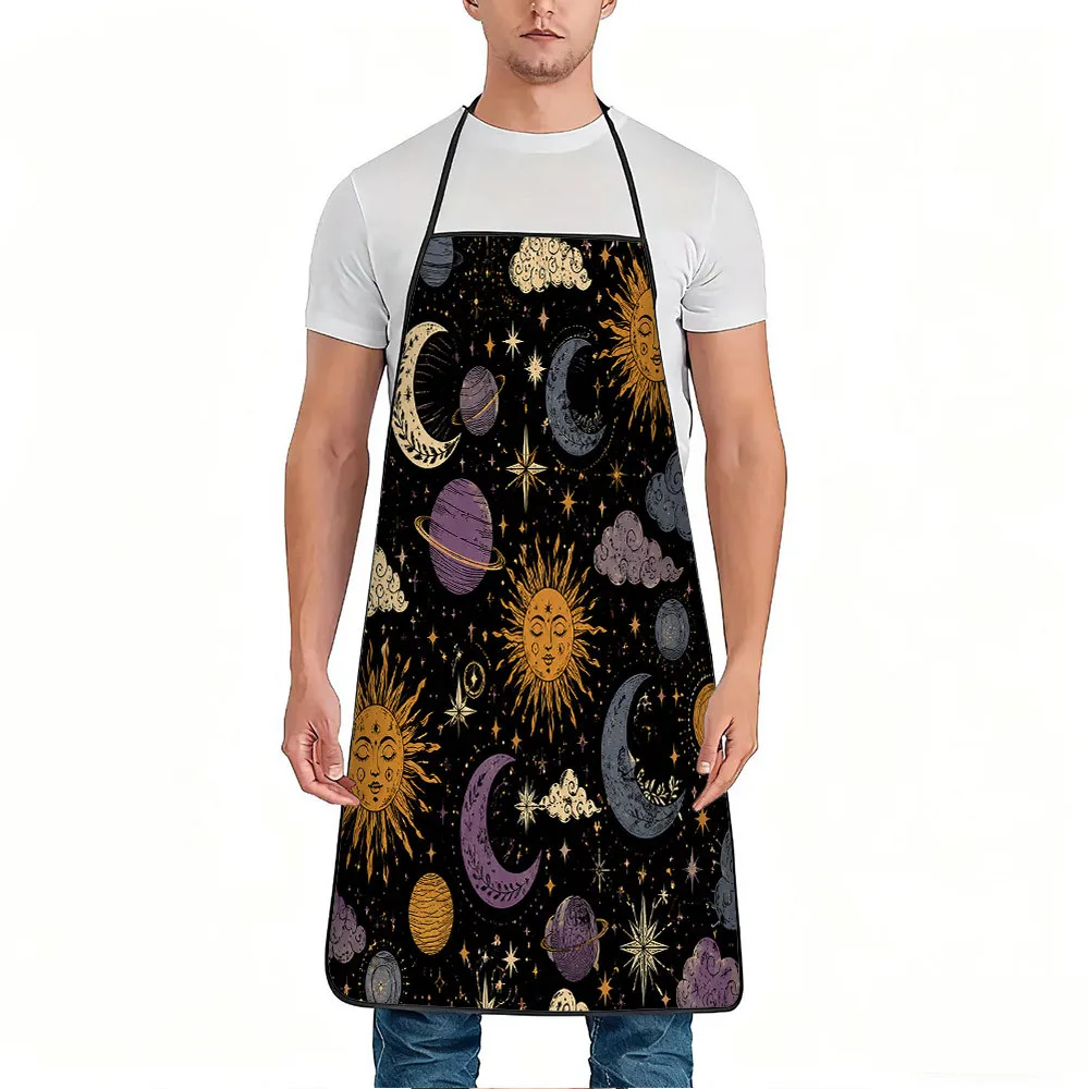 1pc Celestial Sun Moon And Planets Print Apron, Durable And Easy to Clean, Adjustable Waistband, Polyester Material, for Kitchen